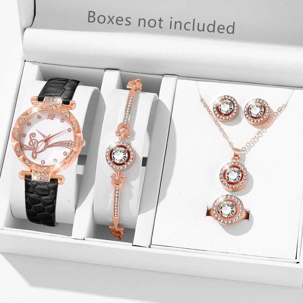 Women's Luxury Ring Necklace Earrings Bracelet Watch Leather Strap Quartz Watch No LOGO Note Dial Watch Set No Box