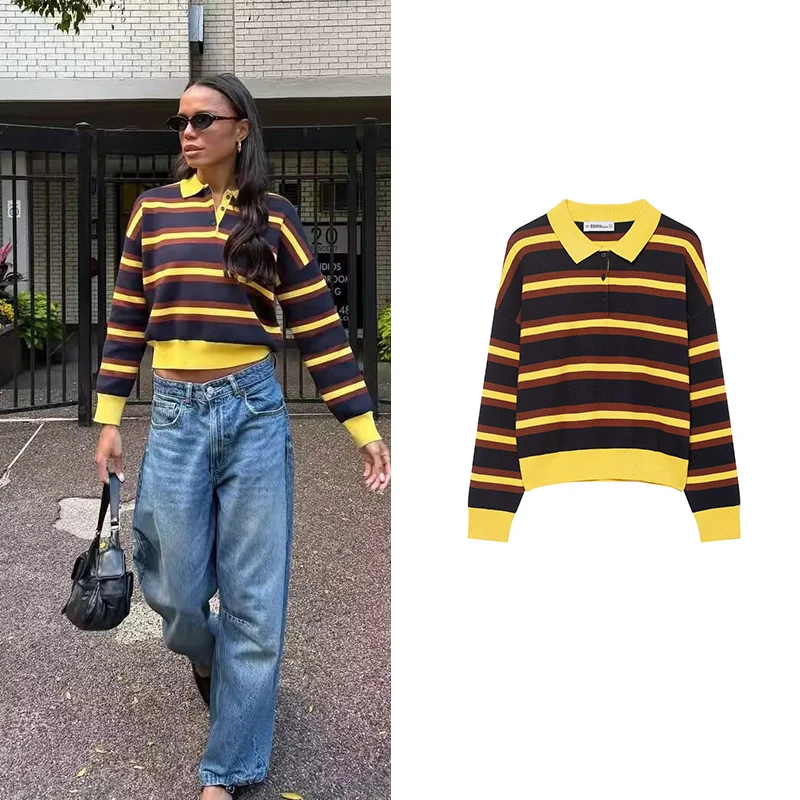 

Women's Tops Autumn Sweater 2025 New Fashion Striped Polo neck Knitted Pullover Tops Chic Elegant Women's Travel Holiday Tops