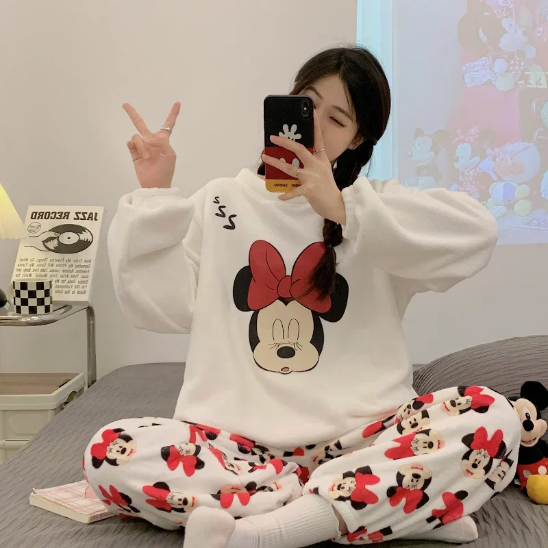 Cartoon Disney Mickey Mouse pajamas pajamas women\'s autumn and winter warm flannel two-piece set women\'s pajamas loungewear