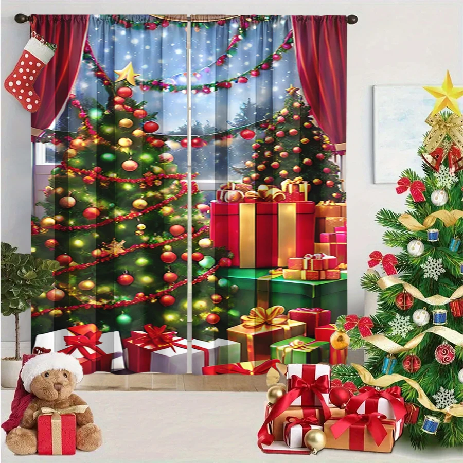 2PCS Christmas Winter Curtains, Christmas Tree Gift Box Snowy Red Curtain, Digital Print, Bedroom Living Room, Home Decor