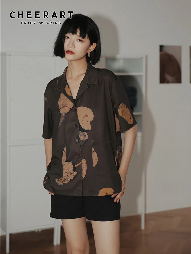 CHEERART Musashi Ukiyoe Japanese Streetwear Woman Blouses Shirts Short Sleeve Button Down Shirt Aesthetic Summer Top Clothes