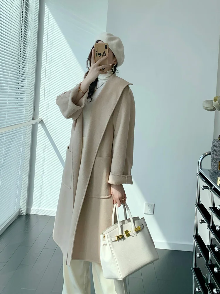 Double Sided Pure Cashmere Water Ripple Coat for Women\'s LILIA New Casual Fashion Top Coat Tie Up
