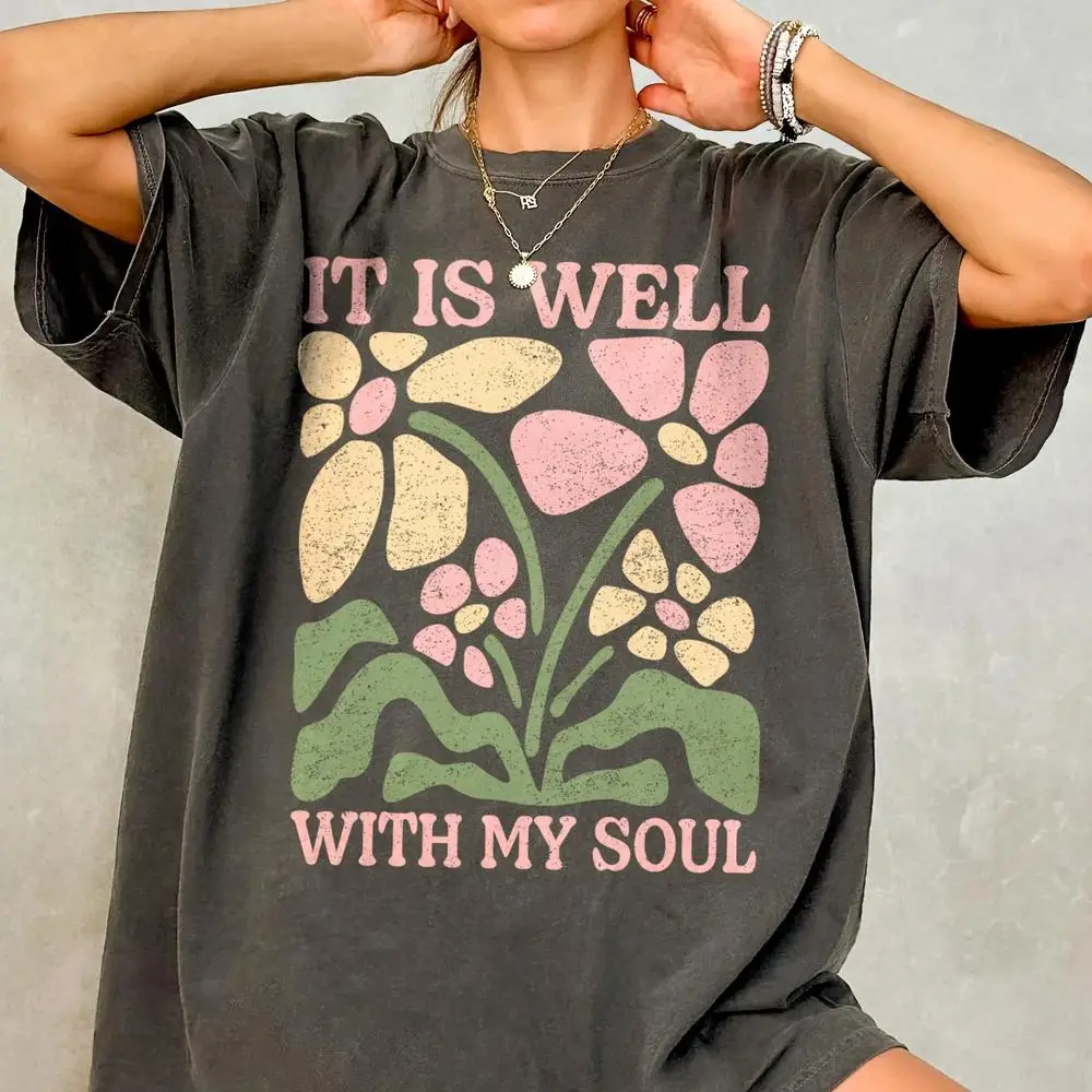 

Женская хлопковая футболка It Is Well With My Soul Рубашка с цветочным принтом Иисус Рубашка с цветочным принтом Христианская футболка с коротким рукавом Модные укороченные топы