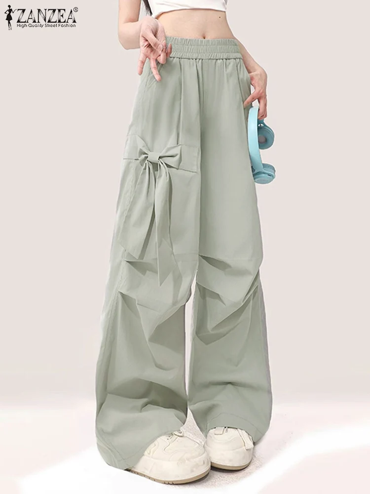 ZANZEA 2025 Spring Solid Pantalon Streetwear Elastic Waist Bowknot Detail Pleated Trousers Casual Loose Women Wide Leg Pants