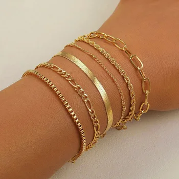 New 6 Pcs Gold Color Bracelet Set Boho Retro Thick Twist Cuban Chain Bracelet for Women 2023 Trendy Quality Jewelry Gifts