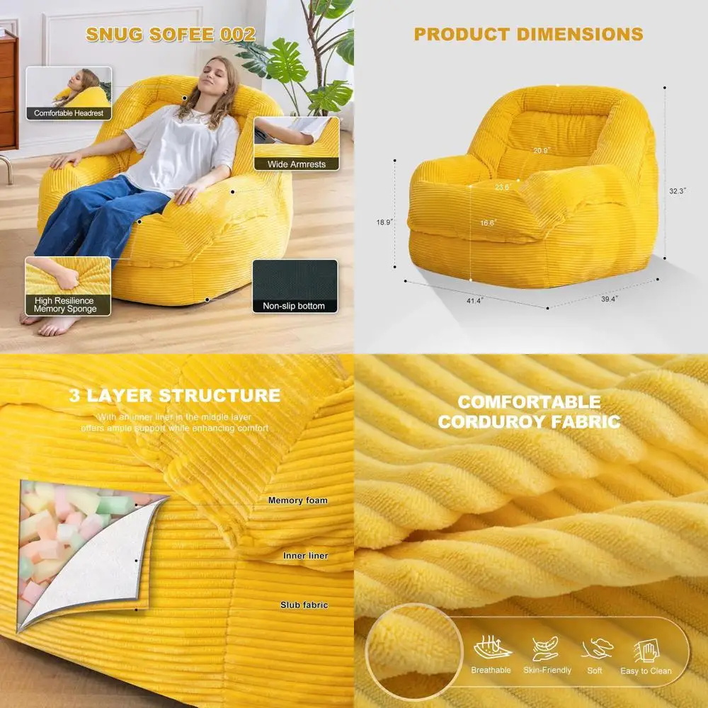 كرسي بين باج سروال قصير كبير الحجم مع مساند للذراعين - حشوة إسفنجية عالية المرونة، مثالي للبالغين، غرفة المعيشة، غرفة النوم، الألعاب #1