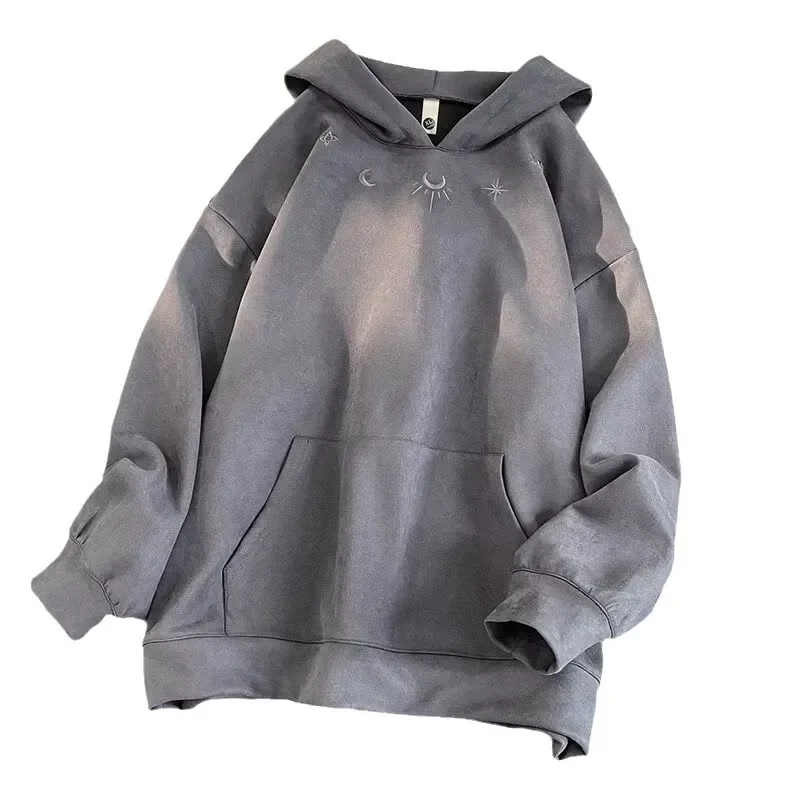 سويت شيرت بقلنسوة كبير الحجم للرجال مطرز ثقيل من جلد الغزال للخريف والشتاء بتصميم أمريكي عتيق ملابس خارجية عصرية ملابس خروج غير رسمية #5