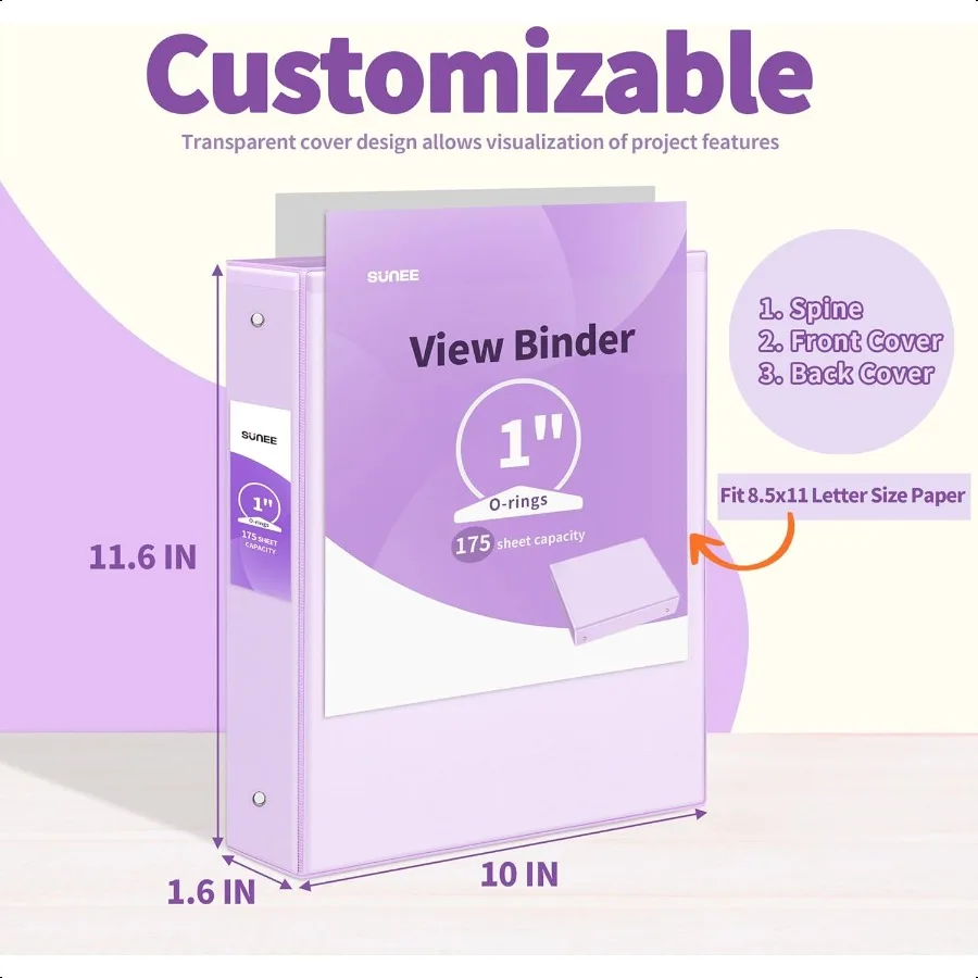 3링 바인더 1인치 2팩 클리어 뷰 바인더 세 개의 링 PVC프리 학교 또는 사무실용 8.5x11인치 퍼플