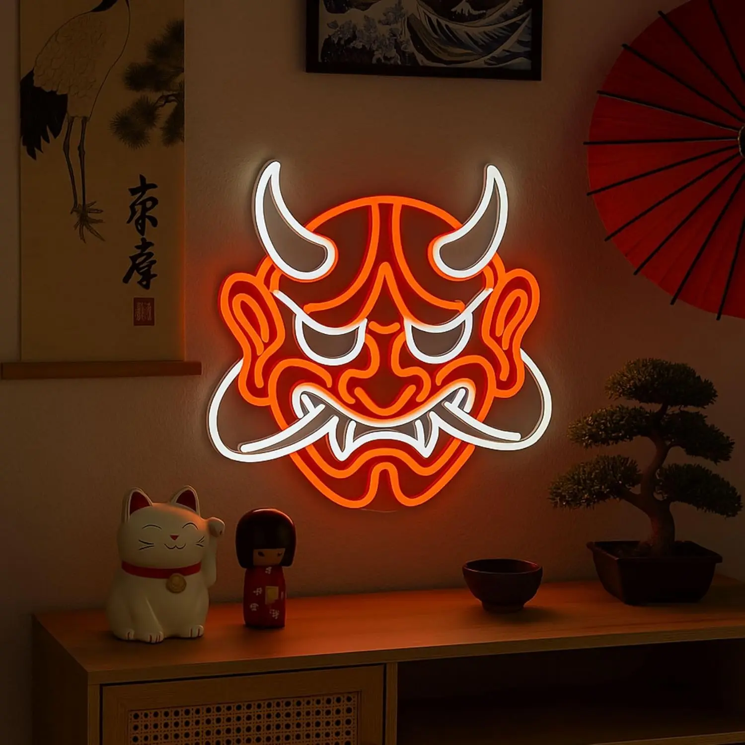 USB Dimmable Japanese Oni Mask Neon Light LED Bar Sign for Sake Izakaya Restaurant Home Gaming Room Decoration Anime Style