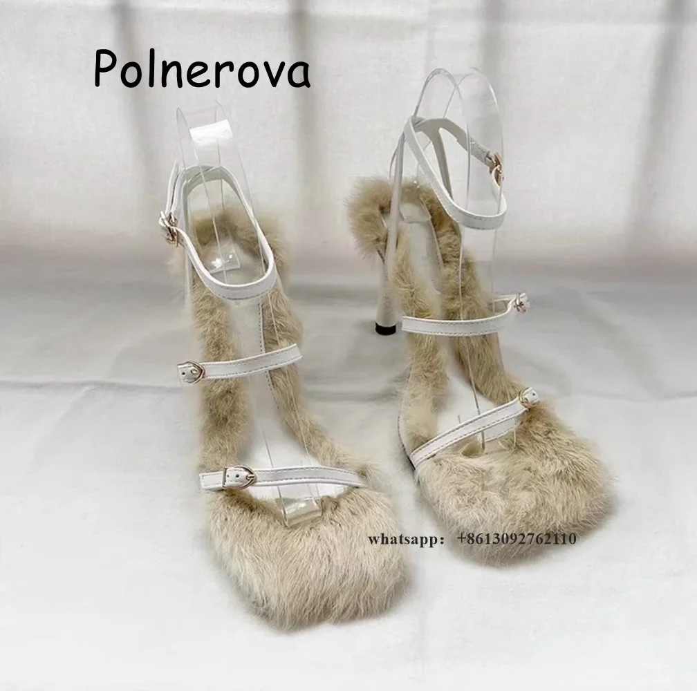 Fur Square Toe Sandals One Word Belt Thin Heels Women\'s Shoes Global Buckle Front Rear Strap Summer Casual Elegant Sweet Shoes
