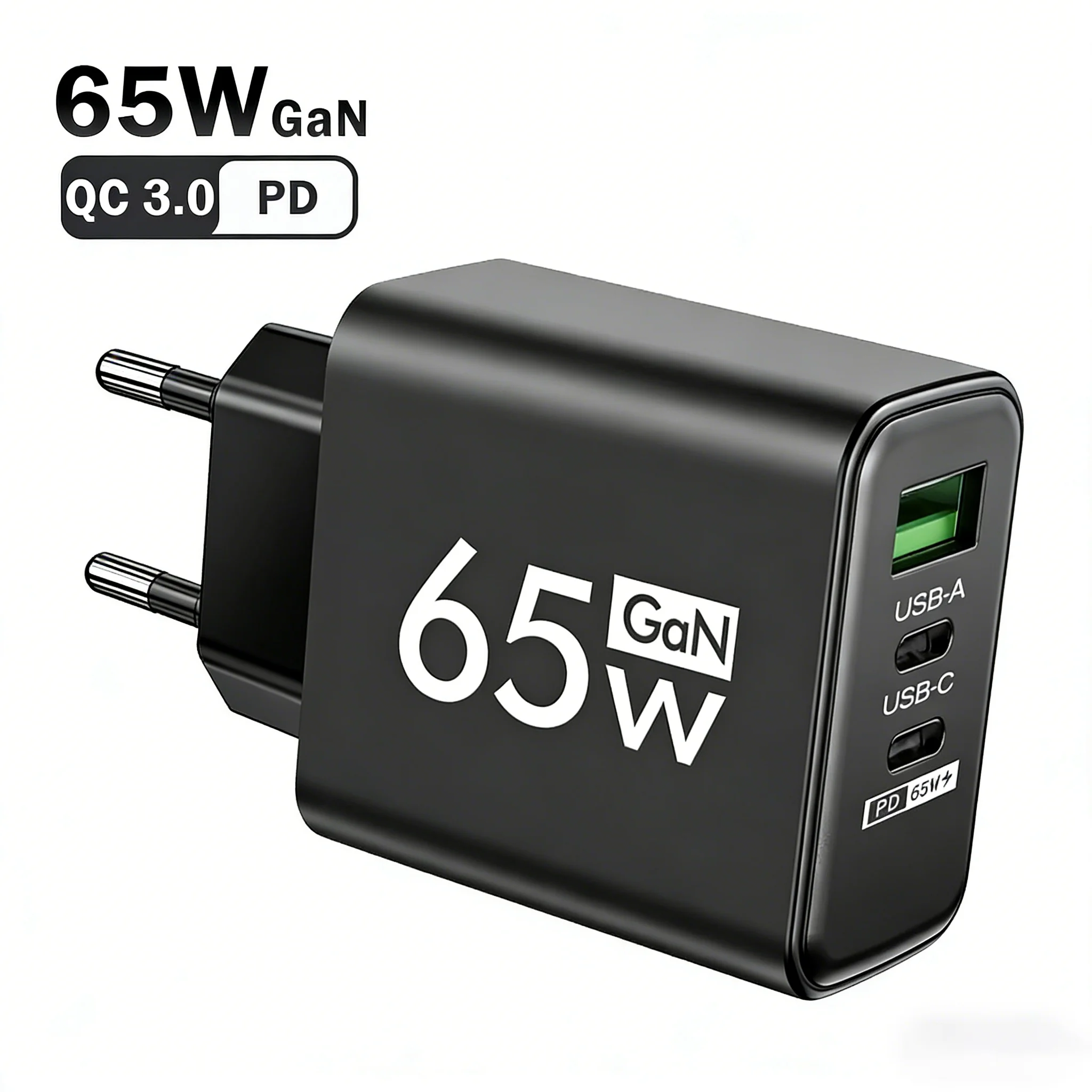 65W GaN USB C Fast Charging Quick Charger 3 Ports PD QC3.0 Travel Adapter for iPhone 15 16 17 Samsung Xiaomi Huawei EU US Plug