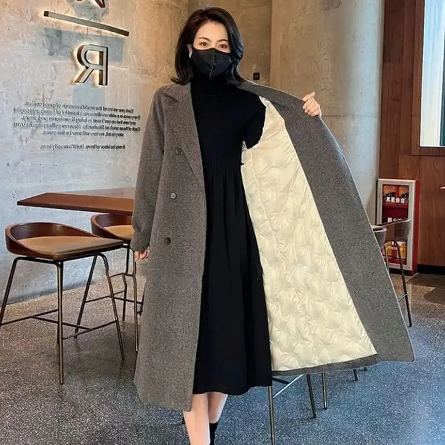 

Black White Duck Down Jacket Female Autumn and Winter Double-breasted Medium-length Thickened Tweed Down Jacket Coat Female Four