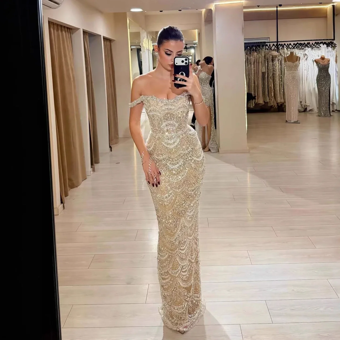 Aunber Customized Luxury Pearl Beaded Mermaid Off-Shoulder Nude Evening Dress Formal  Wedding Party For Women Full of Beads view 2