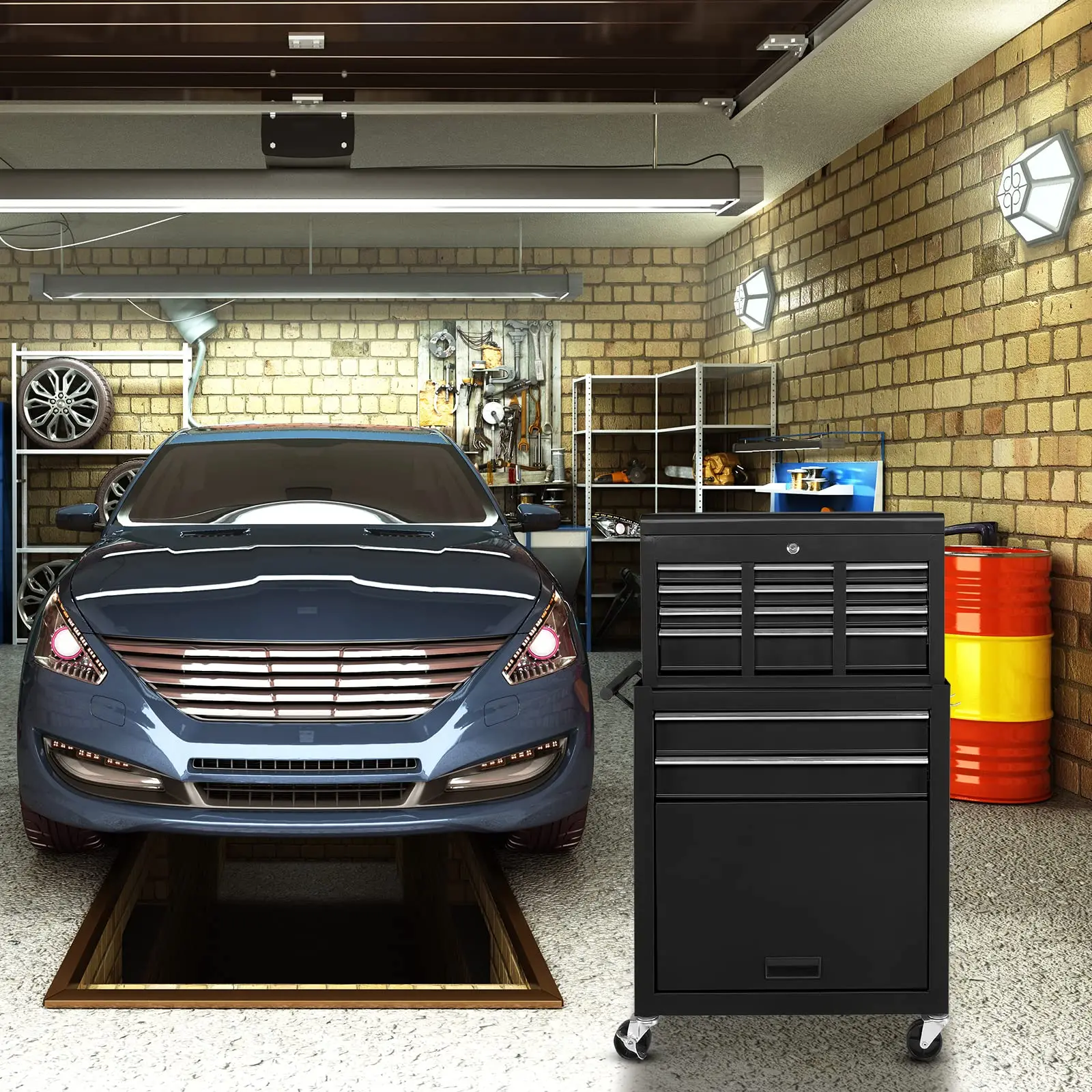 8-Drawer Rolling Tool Chest, Tool Storage Cabinet w/Lockable Wheels, Detachable Top, Drawers & Side Hooks, Mechanic