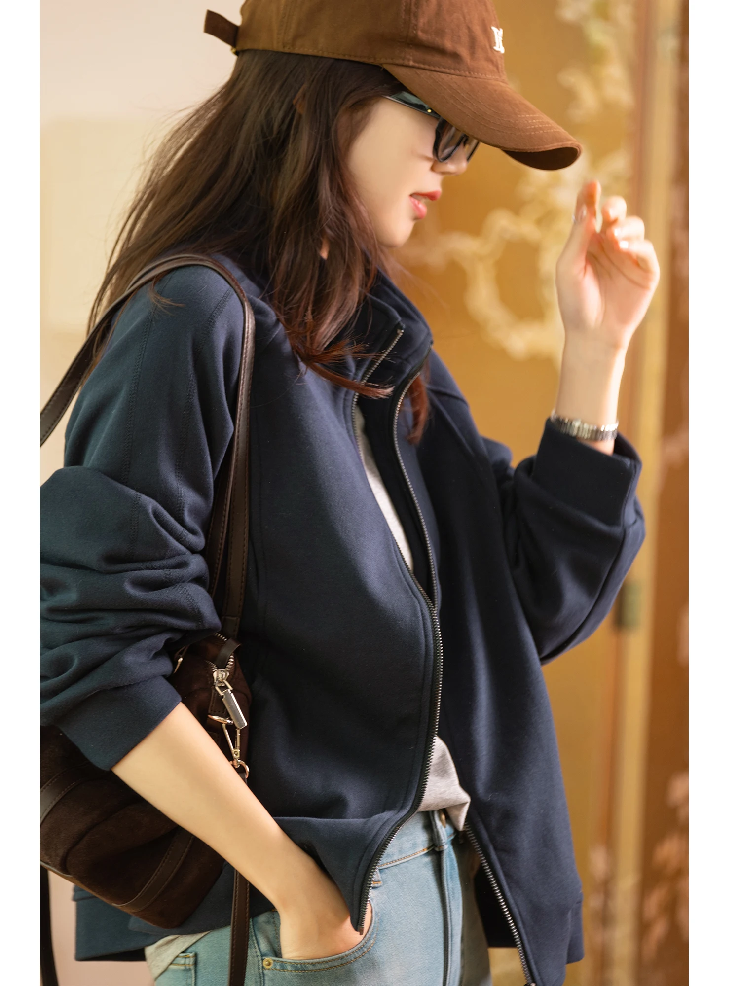 

Soft Pure Cotton Casual Loose Daily Match Zipper Sweatshirt Jacket Top Women's Comfortable Skin-friendly Long Sleeve Stand Co...