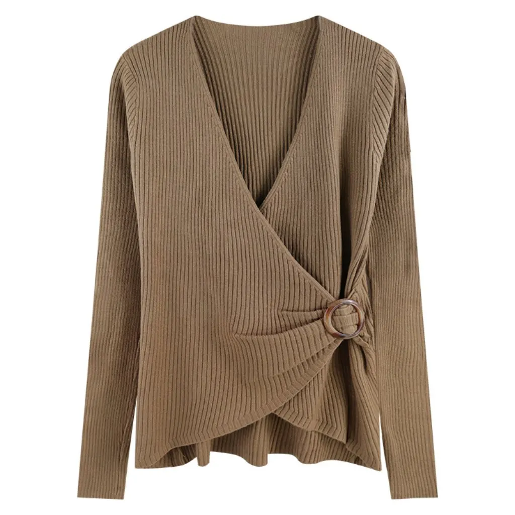 

Korean Style Women's V-Neck Sweater Early Autumn Top Bottoming Design Sense Irregular Cross Pattern Casual Fashion