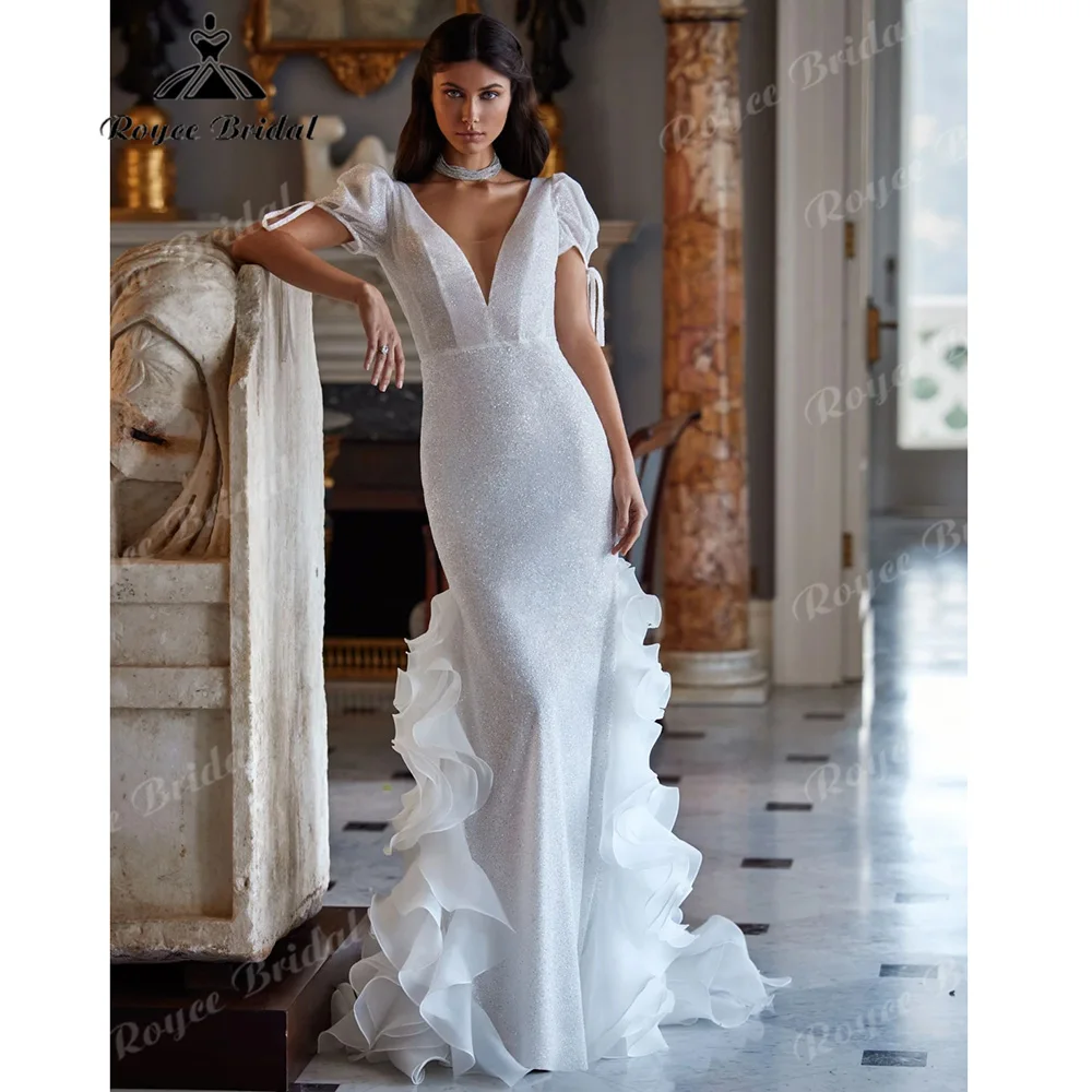 20227 Puff Short Sleeve Deep V Glitter Mermaid Wedding Dress Low Open Back Big Ruffle Tulle Luxury Fitted Bridal Gown Customized