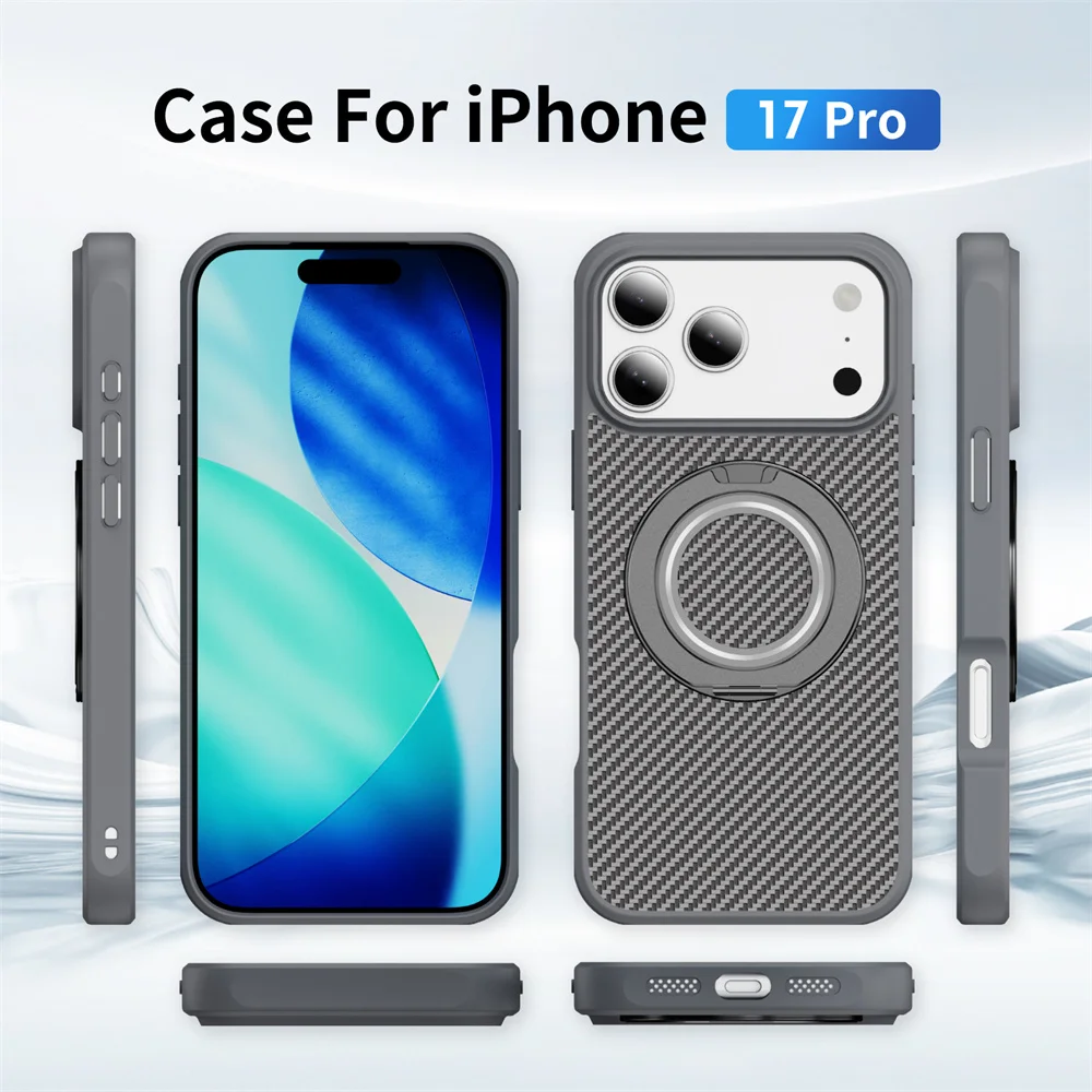 Деловая текстура из углеродного волокна для зарядного чехла Magsafe для iPhone 17 Air 16E 15 14 Plus 13 Pro Max 360 ° Защитная крышка вращающегося кронштейна