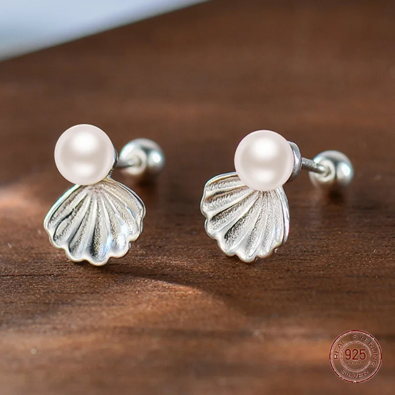 Pendientes de plata de ley 925 para mujer, aretes de concha de perla de agua dulce, tuerca coreana, hueso de oreja, regalo de joyería de lujo, 2023
