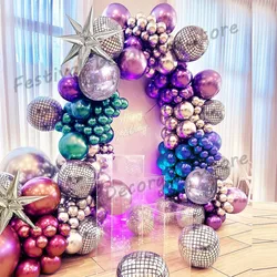 98/142pcs Metallic Purple Sliver Balloon Garland 4D Disco Ball for 80s 90s Adult Birthday Graduation Happy New Year Party Decor