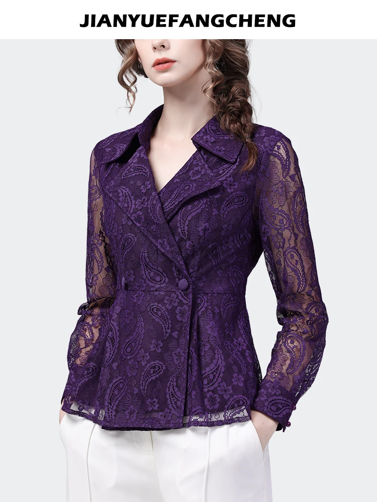 2024 Spring Summer Womens Purple Lace Shirt Hollow Out Suit Collar Tops Elegant Slim Paisley Office Ladies Blouses