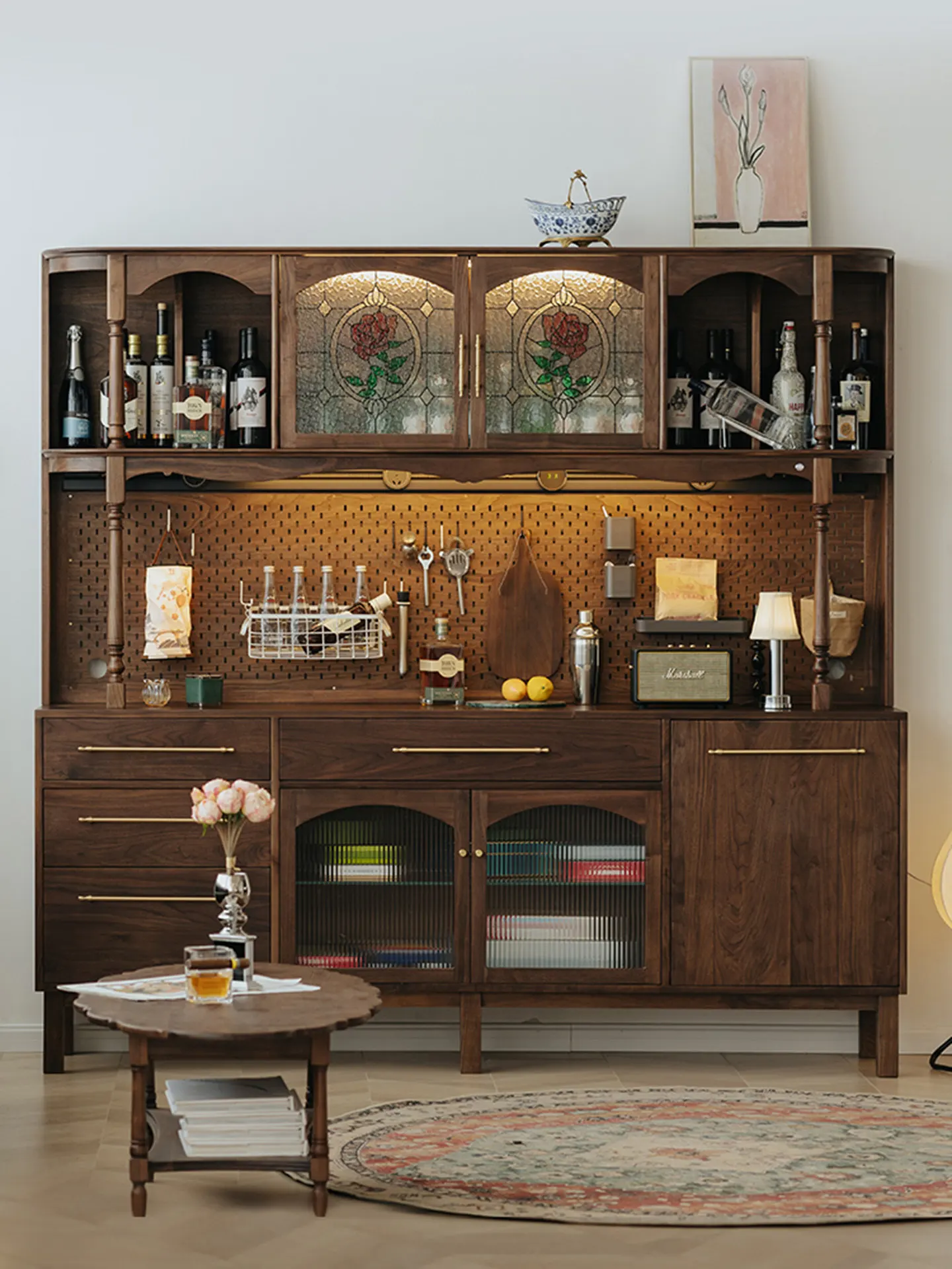 sideboard, solid wood, vintage living room, North American black walnut cabinet, storage cabinet, integrated wall-to-wall high