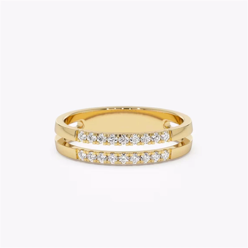 18K Yellow Solid Gold Lab Diamond Double Row Wedding Band 14K Gold Pave Stacked Statement Minimalist Bridal Engagement Ring Gift