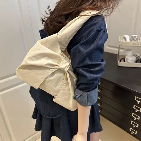 Vintage Korean Style Bow Shoulder Bag Bowknot Fashion Canvas Vest Bag Cloth Portable Plaid Tote Bag Women