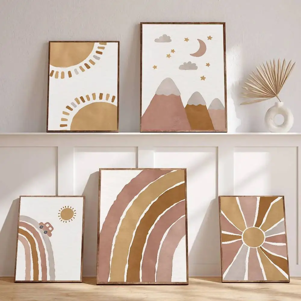 Nordic Bohemian Style Sun Moon Rainbow Childrens Poster Self-adhesive Art Room Entrance Restaurant Wall Decor Art Painting
