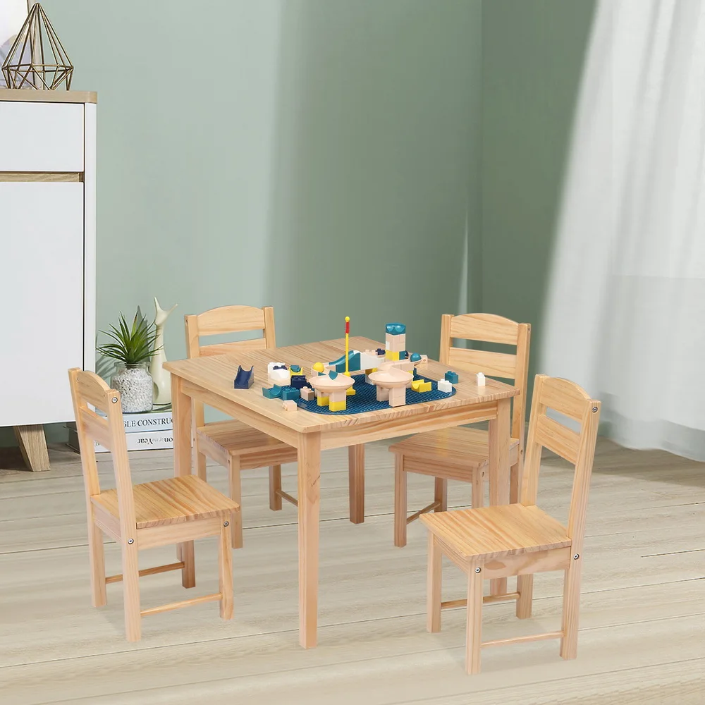 Children's Wooden Table Chair Set Include 1 Table 4 Chairs Pine P2 Density Board Colorful Natural Color[US-Stock]