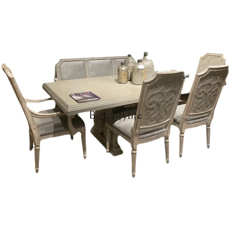 

American light luxury solid wood dining table French telescopic old rectangular dining table