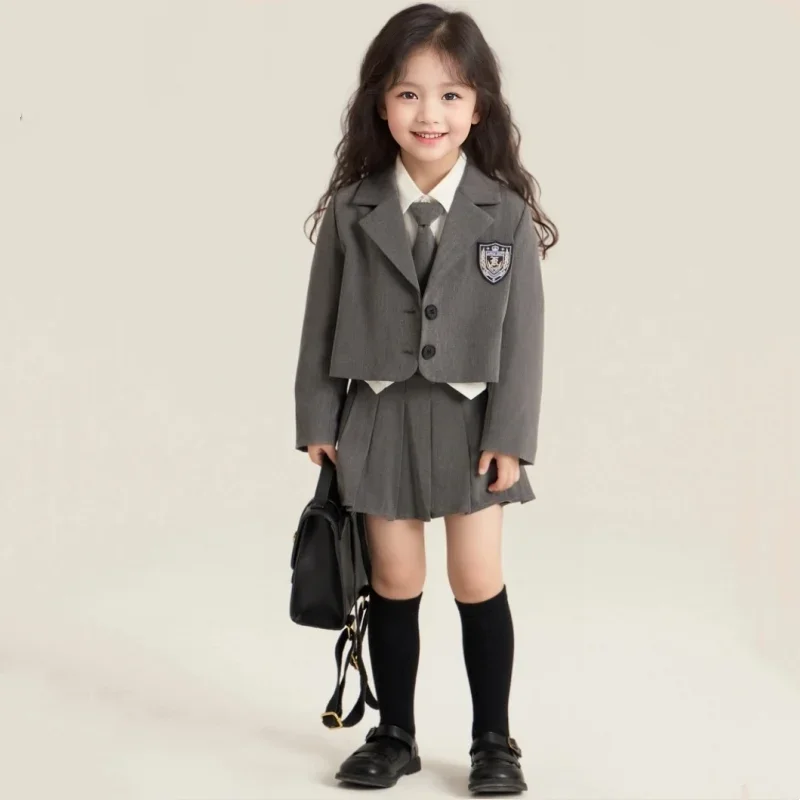 Kids Girls Outfit Formal Western Suit Pleated Skirt For Girls Clothes Set Gray School Uniforms For 4 5 6 7 8 9 10 11 12 13 Years