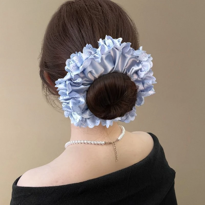 

Sea salt blue rose satin lace large intestine hair tie French tie ball head rope travel hair ornament