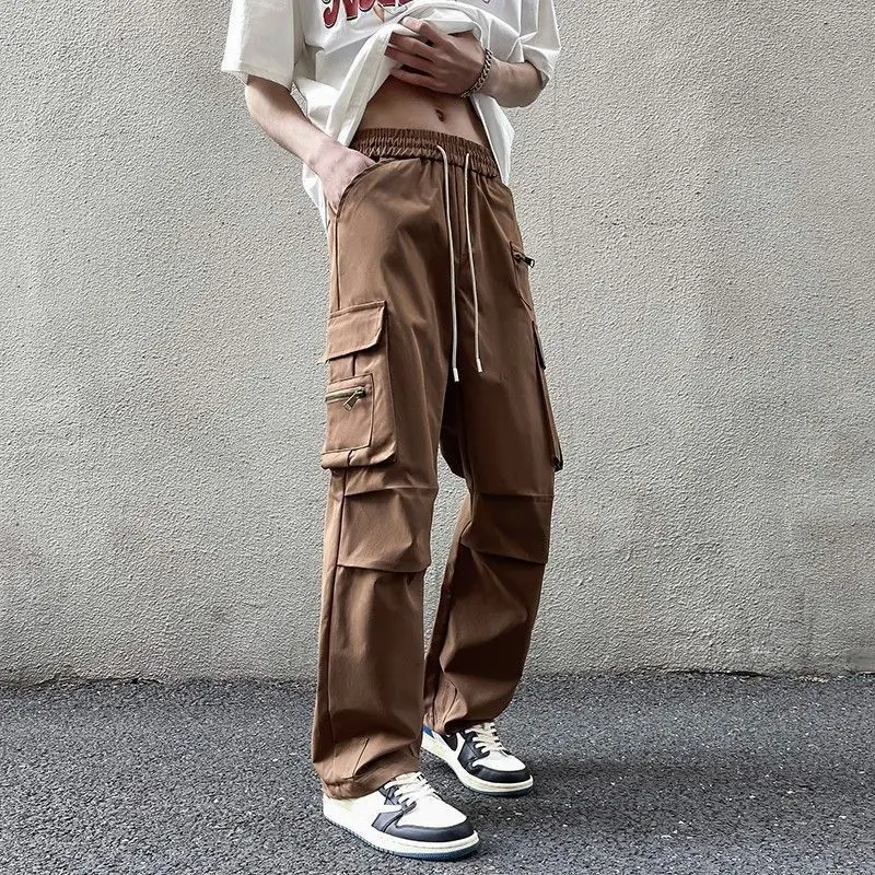 

American Summer Men's 2024 New Splicing Elasticized High-waisted Drawstring Pocket Zipper Fashion Solid Color Loose Casual Pants