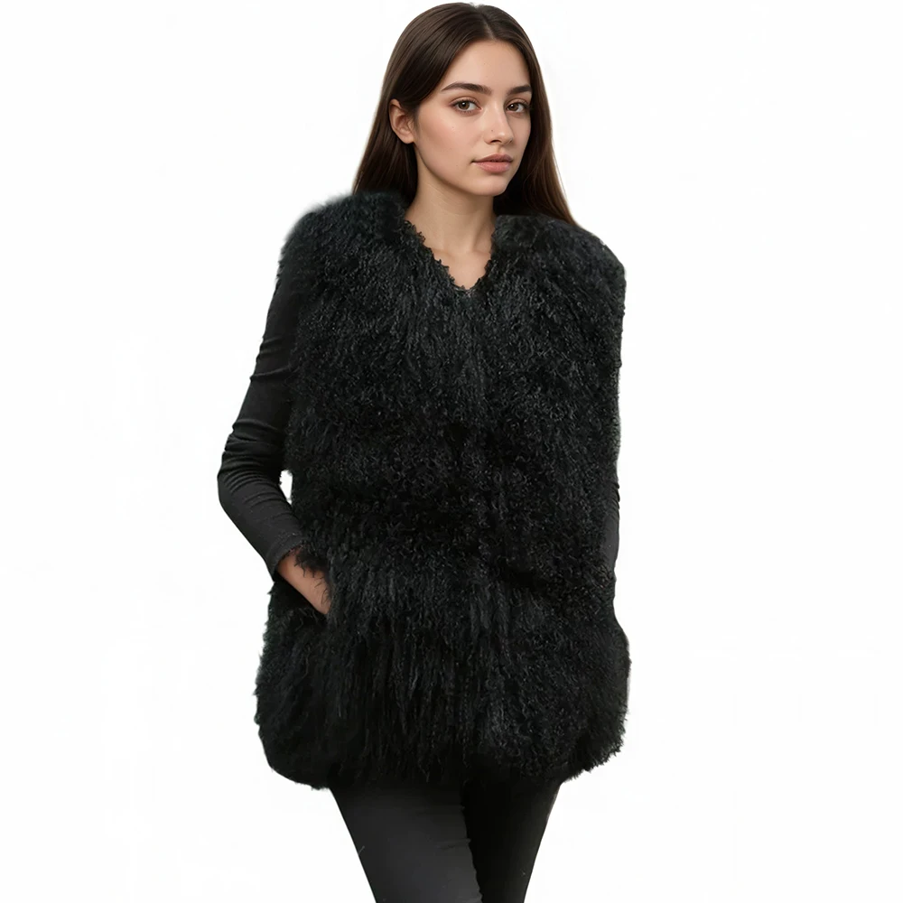 Furyoume سترة بلا أكمام منغوليا الحقيقية الأغنام الفراء سترة المرأة حقيقية الفراء جيليه صدرية