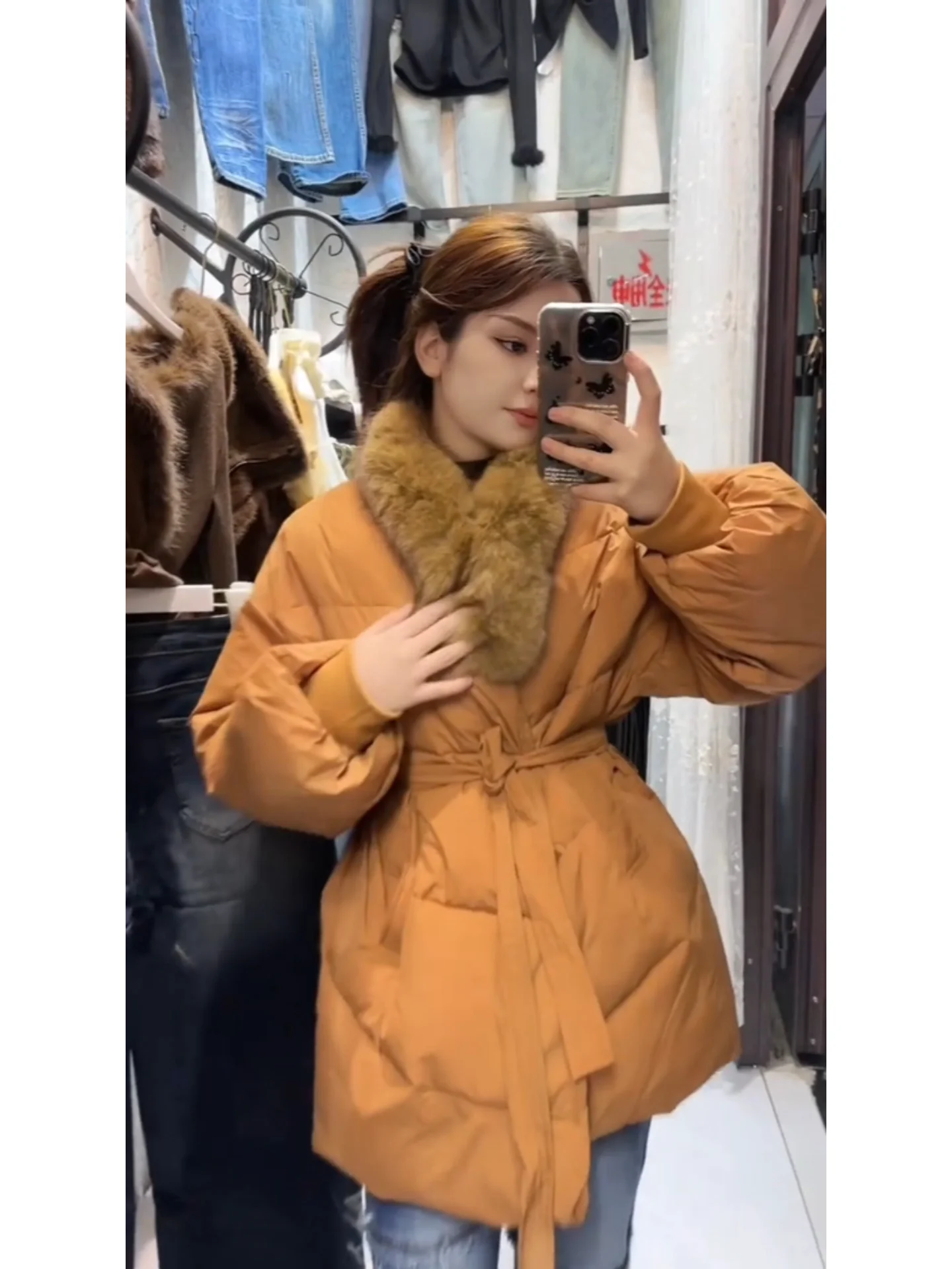 Jaet de plumón de longitud media para mujer coreana Sle con cuello de piel abrigo cálido que se pega a la cintura cuello de piel grande tamaño Cact