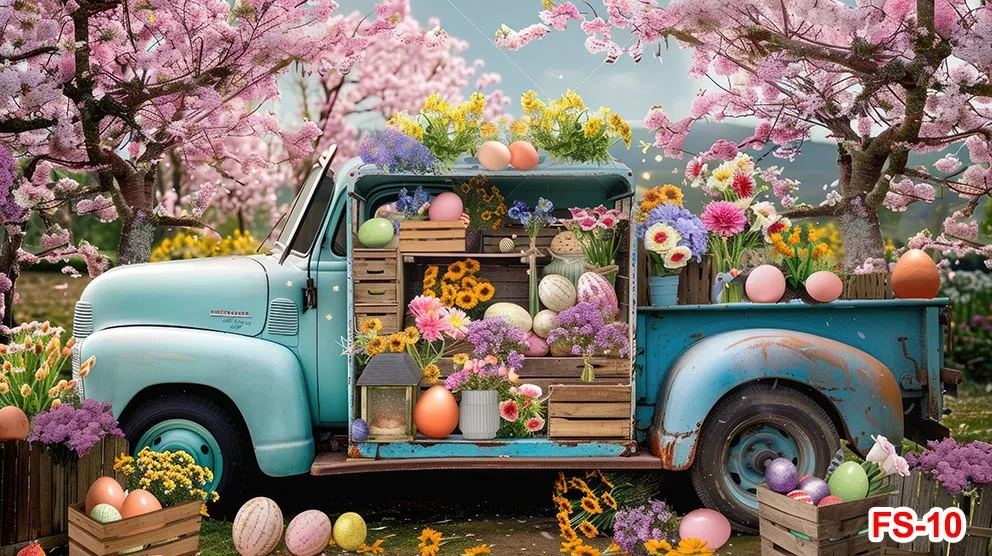 Spring Easter Photography Backdrop Blue Truck Colorful Eggs Flowers Rabbit Background Tulip Floral Forest Photo Tapestry Booth