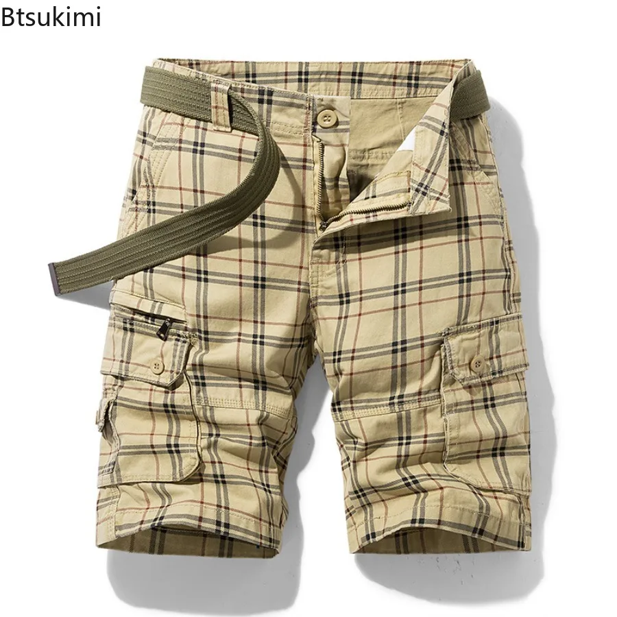 Summer Fashion Men's Plaid Beach Shorts Pure Cotton Casual Sports Cargo Pants for Men Simple Slim Fit Multi Pocket Pants Male