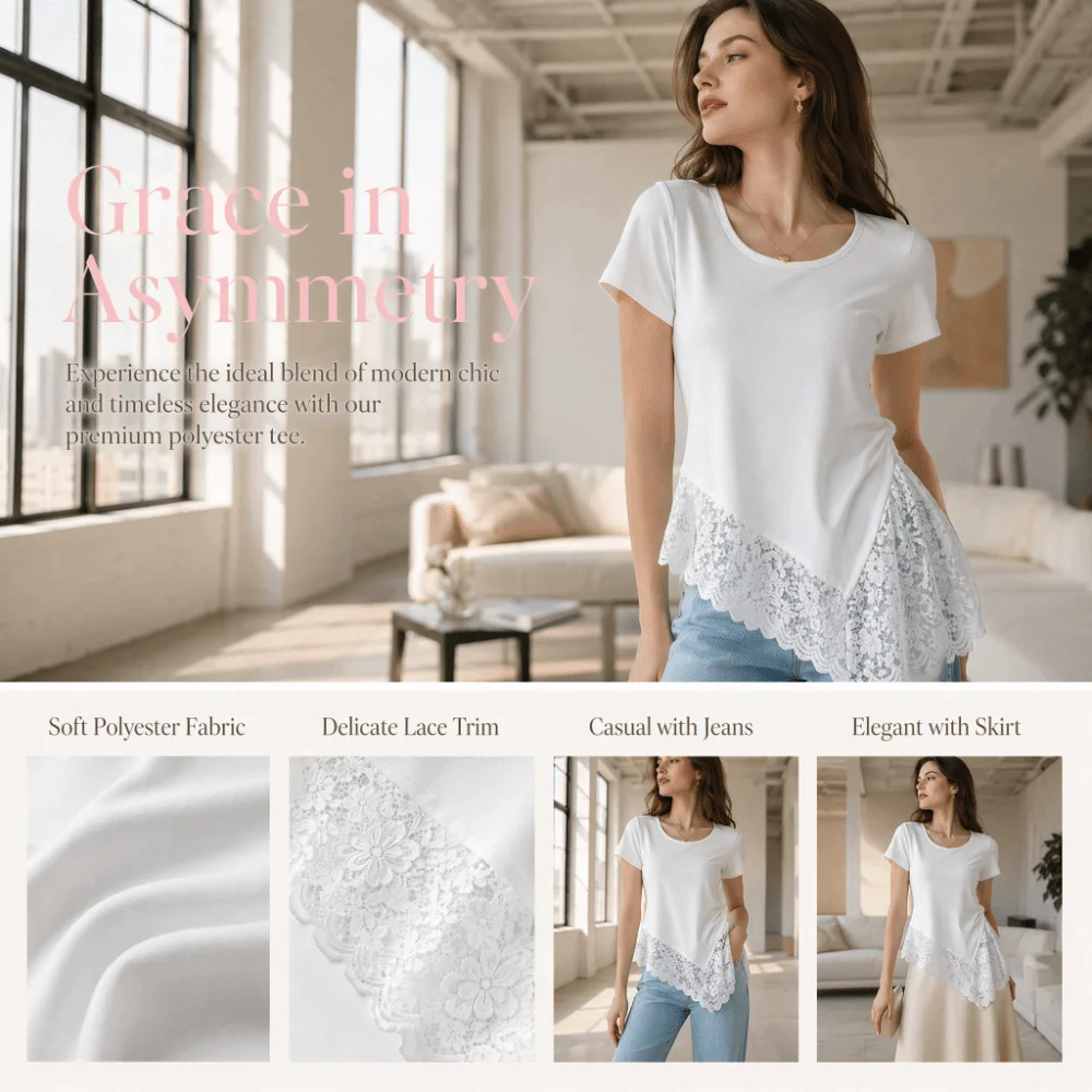Large Size Women's Lace Patchwork Top Relaxed Fit Thin Short Sleeve T-Shirt Solid Color Breathable Casual Blouse Top Summer