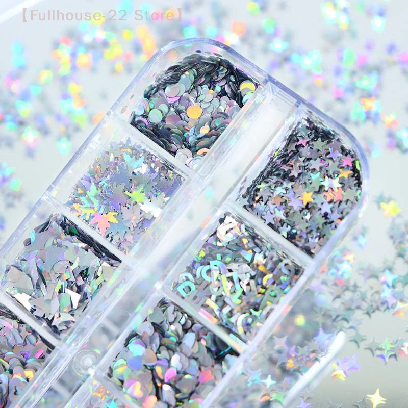 【MAX-22】12 Gitter Nagelverbesserung Silber Stern Liebe Muster Laser Nagel Glitzer Flash Nagel Dekor Nagel Charm DIY Maniküre Werkzeuge