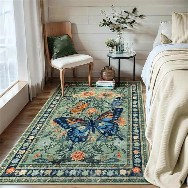 Butterfly Bedroom Area Rug,100X150cm Carpet for Living Room Washable Green Floral Area Rugs,Large Dining Room Rugs Under Tab