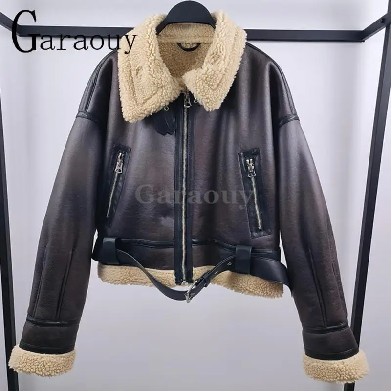 Garaouy 2023 Winter Women Faux Leather Lambswool Motorcycle Jacket Lapel Short Double Sided Coat Female Thickened Warm Outwear