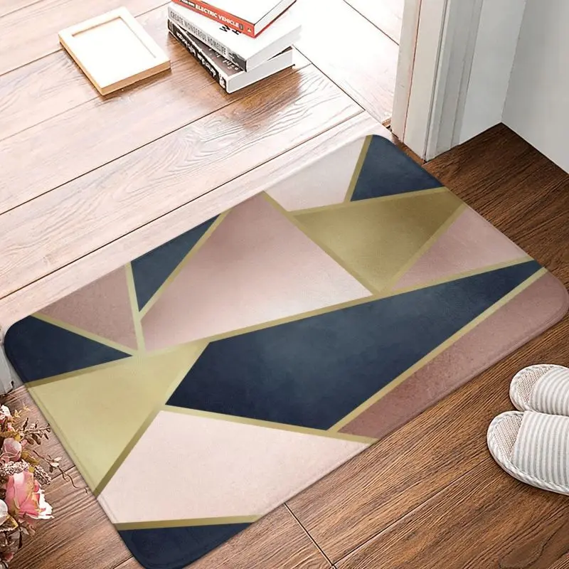 Rose Gold Pink Navy Blue Geometric Abstract Pattern Front Door Floor Entrance Mats Geometry Kitchen Bath Balcony Carpet Rug