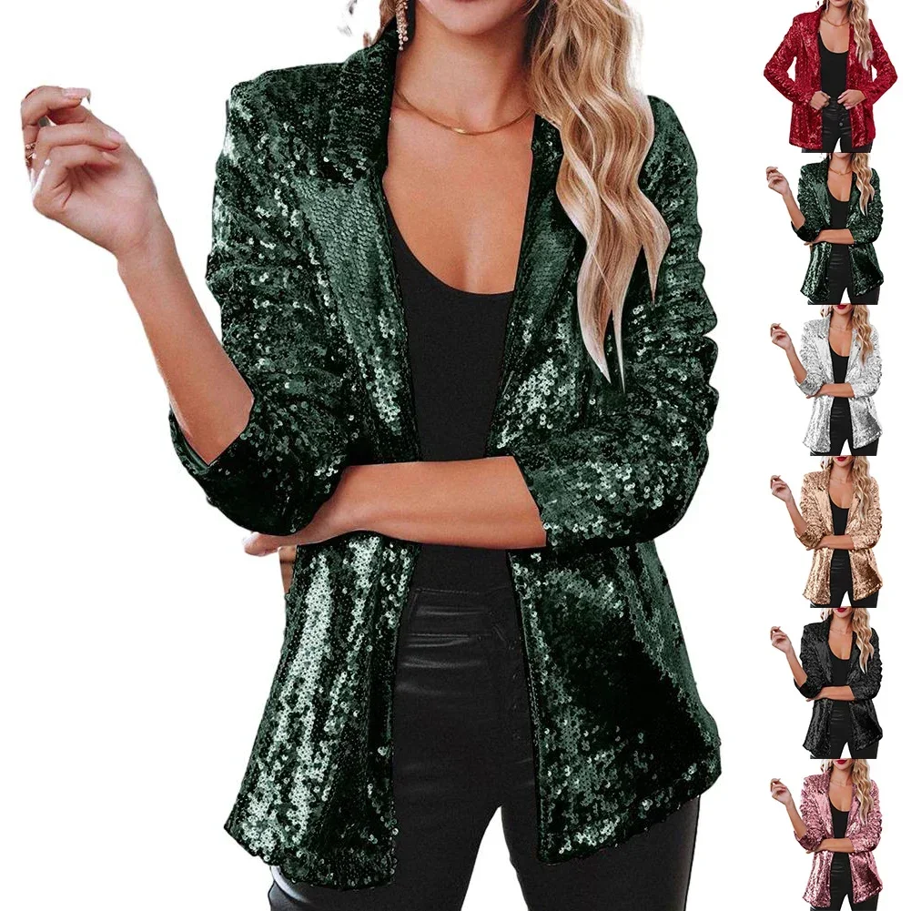 Blazer feminino de lantejoulas manga longa, casaco feminino de lapela, glamoroso de rua, casual inelástico moda outono inverno, Y2K