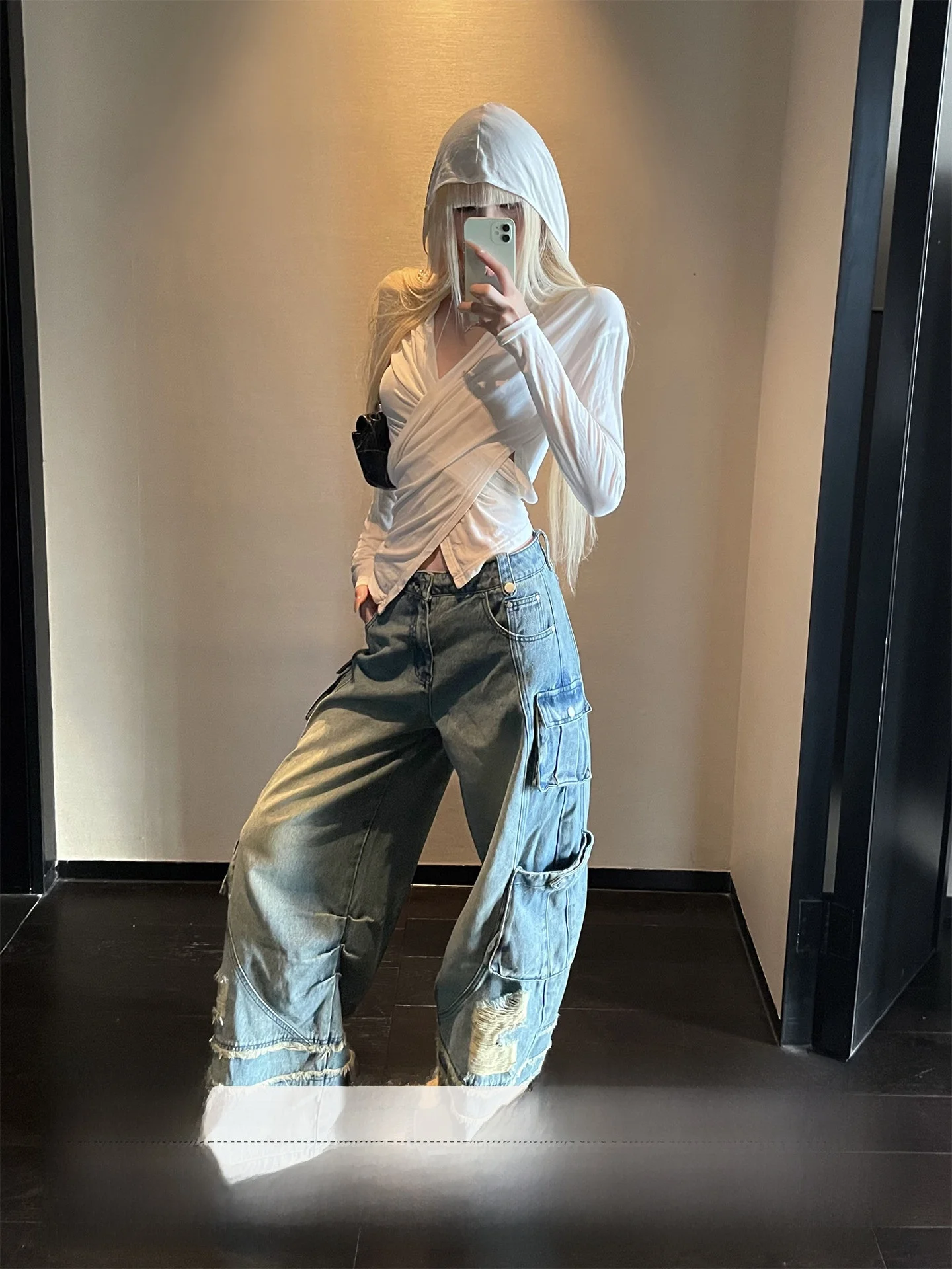 

Rase Le Sol 'Wander Struck' American Retro Workwear Jeans Loose Wide Leg Hole Punching Pants Low Waist Cotton Zipper Casual