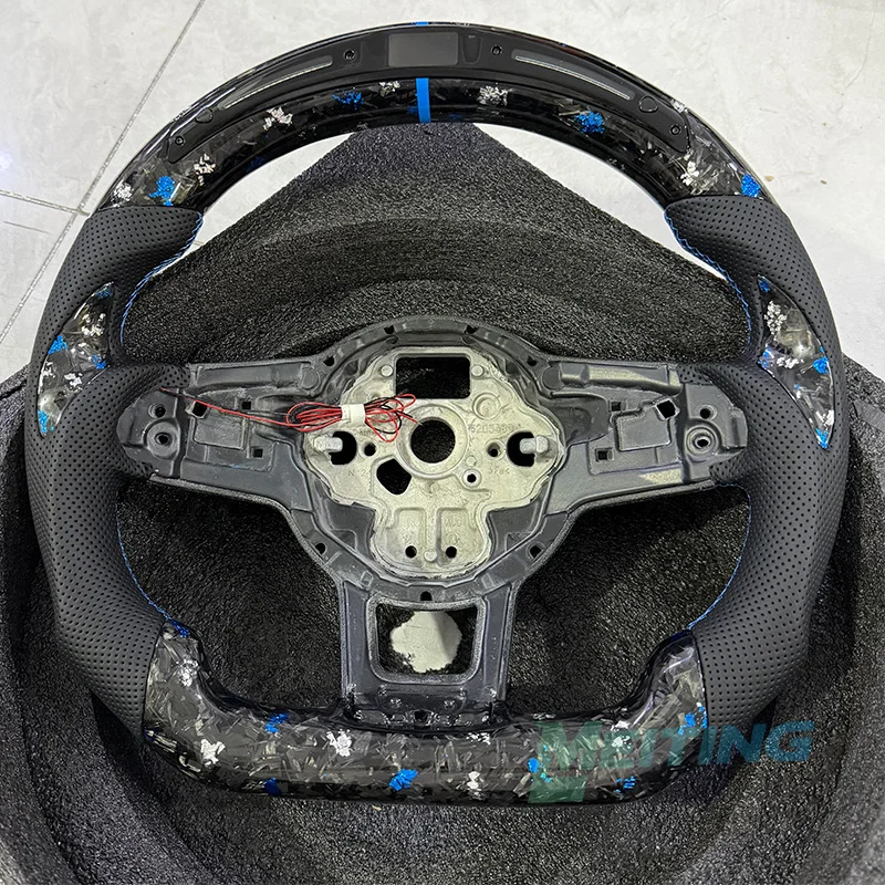Car leather steering wheel with blue carbon fiber style processing, LED light strip, same button frame for VW Golf 7 7.5 GTI MK7