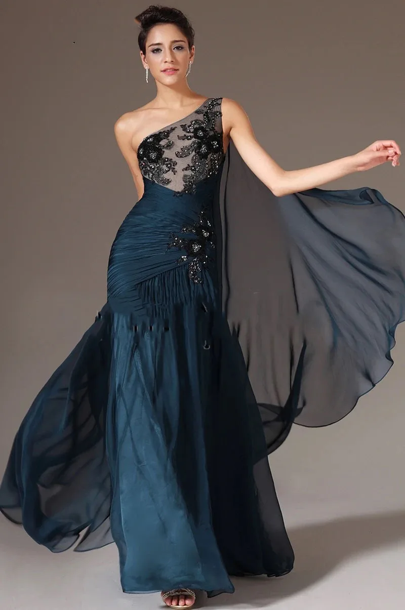 Long Formal Evening Party Gowns One Shoulder Chiffon Mermaid Evening Dresses with Black Lace AppliqueCL-758