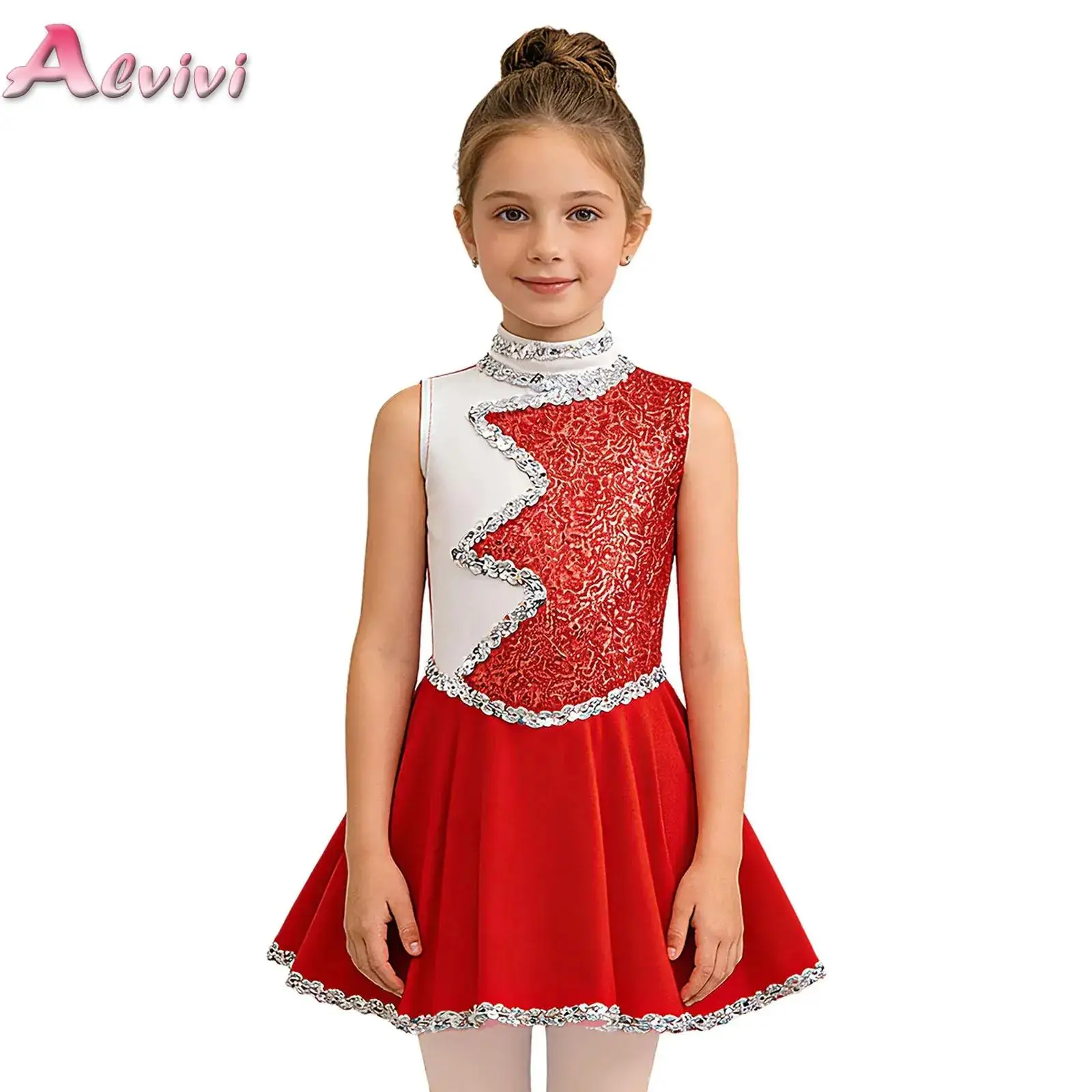 

Kids Girls Shiny Sequins Cheerleading Dress Ballet Dance Figure Skating Stage Performance Costume Sleeveless Color Block Dress