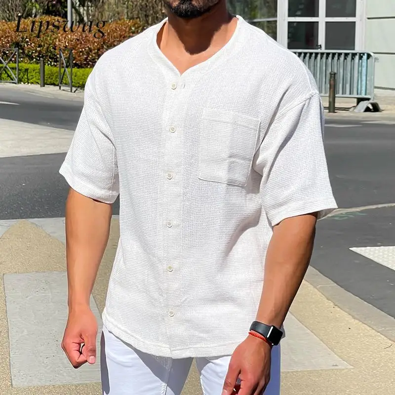 

Мужская рубашка-кардиган в стиле ретро, однотонная, на пуговицах, повседневная, дышащая, с коротким рукавом, свободного кроя, модная коллекция Весна-Лето 2026