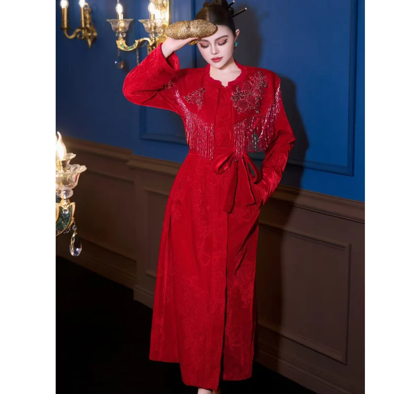 

Spring New High end Tassel shawl Exclusive Design Wedding Celebration Velvet Embroidered + Lace Up Women's Coat M-XXL